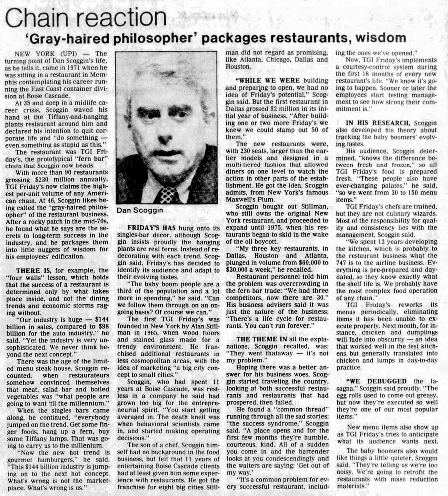TGI Fridays - Good Article On Dan Scoggin - Founder From Sept 1984 (newer photo)